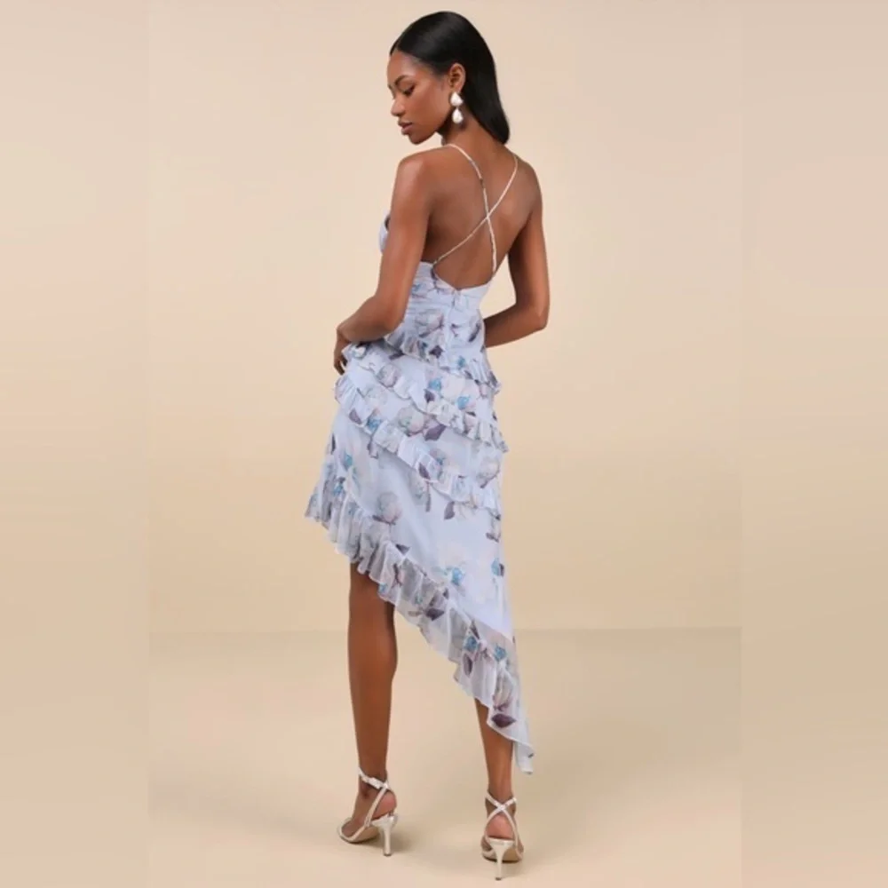 NEW Lulus Saveria Light Blue Floral Ruffle Asymmetrical Maxi Dress XS Party - Picture 3 of 9